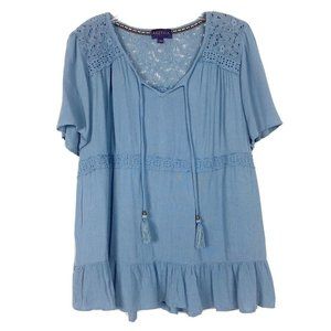 Airy Boho Tunic Eyelet Lace V Neck Tassel Top L